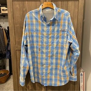 Columbia PFG Button Up Fishing Shirt Mens Large Plaid Vented Roll Tab Sleeves